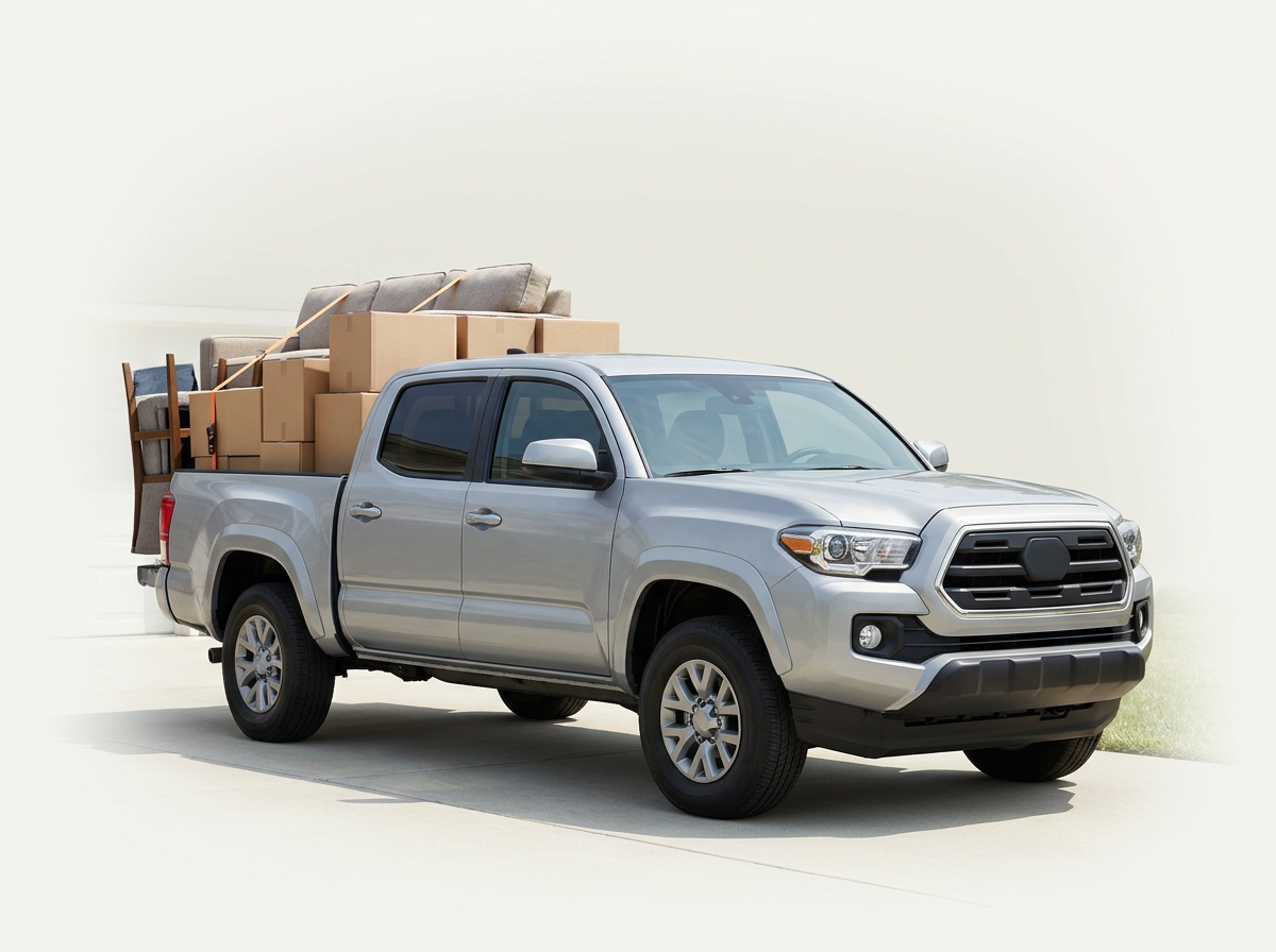 Loaded pickup truck ready to haul furniture and moving boxes